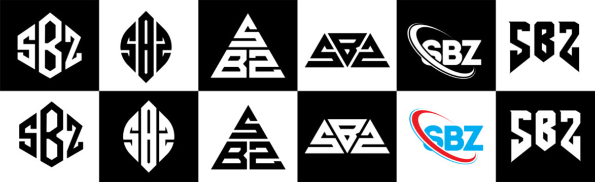 SBZ letter logo design in six style. SBZ polygon, circle, triangle, hexagon, flat and simple style with black and white color variation letter logo set in one artboard. SBZ minimalist and classic logo