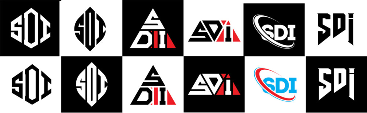 SDI letter logo design in six style. SDI polygon, circle, triangle, hexagon, flat and simple style with black and white color variation letter logo set in one artboard. SDI minimalist and classic logo