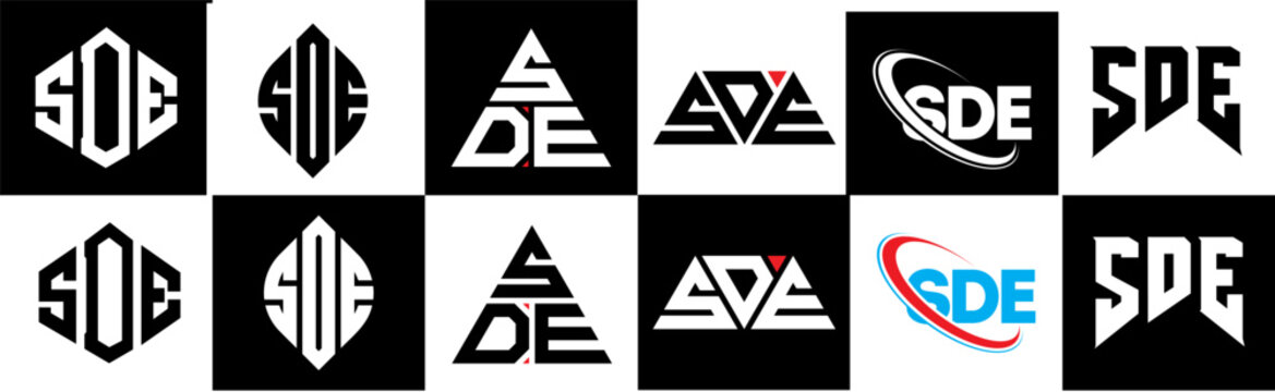 SDE letter logo design in six style. SDE polygon, circle, triangle, hexagon, flat and simple style with black and white color variation letter logo set in one artboard. SDE minimalist and classic logo