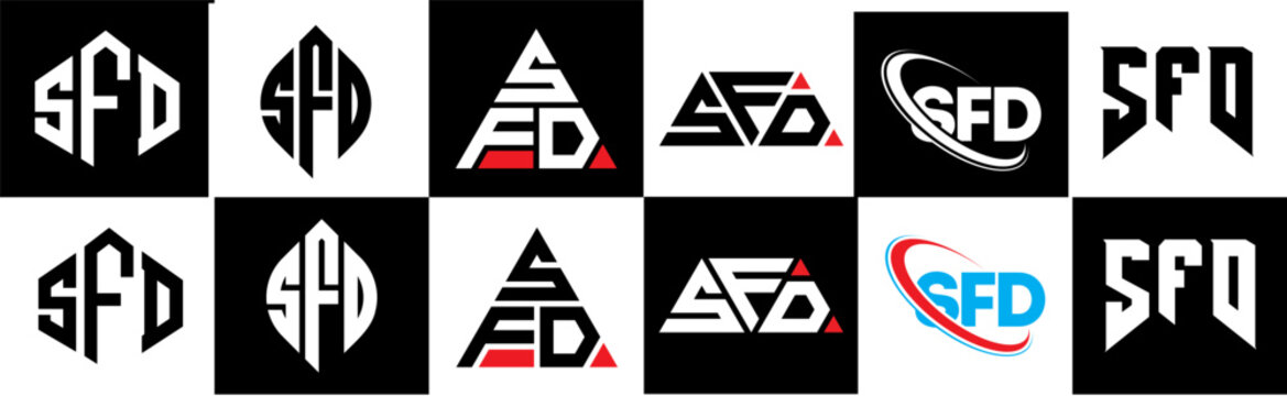 SFD letter logo design in six style. SFD polygon, circle, triangle, hexagon, flat and simple style with black and white color variation letter logo set in one artboard. SFD minimalist and classic logo