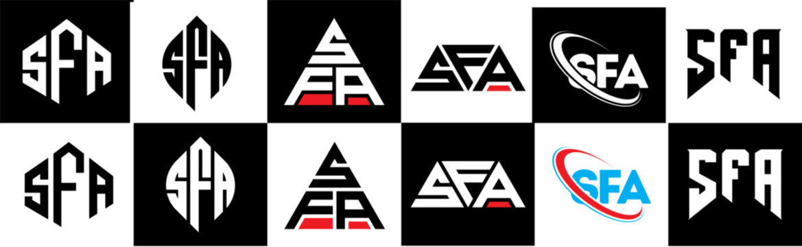 SFA letter logo design in six style. SFA polygon, circle, triangle, hexagon, flat and simple style with black and white color variation letter logo set in one artboard. SFA minimalist and classic logo