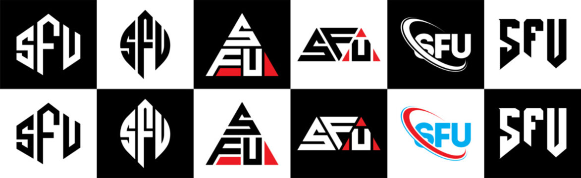 SFU letter logo design in six style. SFU polygon, circle, triangle, hexagon, flat and simple style with black and white color variation letter logo set in one artboard. SFU minimalist and classic logo