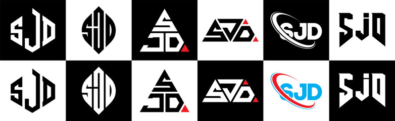 SJD letter logo design in six style. SJD polygon, circle, triangle, hexagon, flat and simple style with black and white color variation letter logo set in one artboard. SJD minimalist and classic logo
