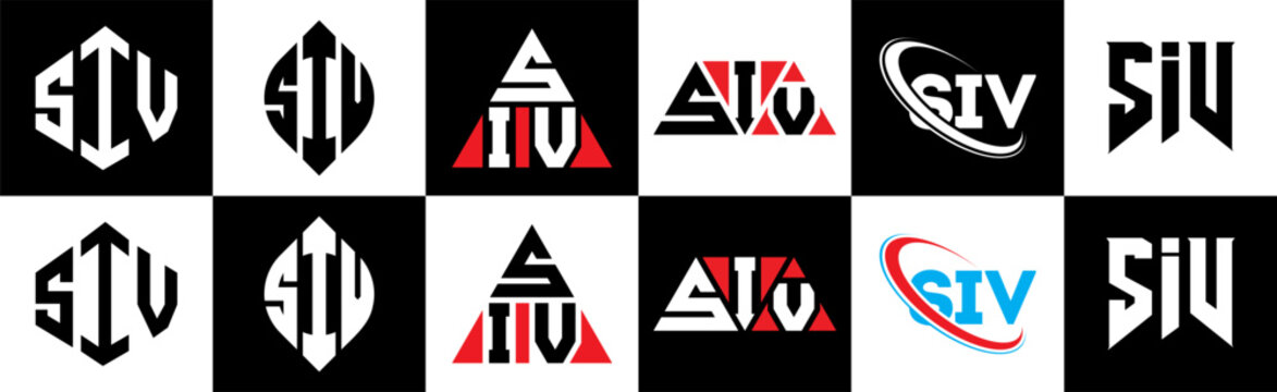 SIV letter logo design in six style. SIV polygon, circle, triangle, hexagon, flat and simple style with black and white color variation letter logo set in one artboard. SIV minimalist and classic logo