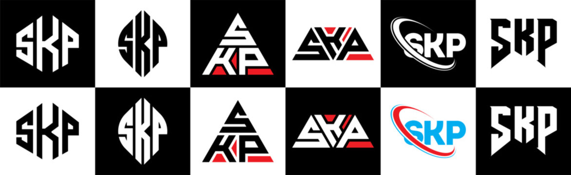 SKP letter logo design in six style. SKP polygon, circle, triangle, hexagon, flat and simple style with black and white color variation letter logo set in one artboard. SKP minimalist and classic logo
