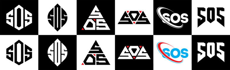 SOS letter logo design in six style. SOS polygon, circle, triangle, hexagon, flat and simple style with black and white color variation letter logo set in one artboard. SOS minimalist and classic logo