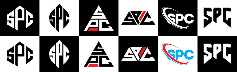 SPC letter logo design in six style. SPC polygon, circle, triangle, hexagon, flat and simple style with black and white color variation letter logo set in one artboard. SPC minimalist and classic logo