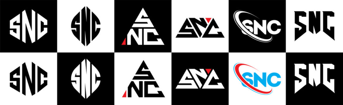 SNC letter logo design in six style. SNC polygon, circle, triangle, hexagon, flat and simple style with black and white color variation letter logo set in one artboard. SNC minimalist and classic logo