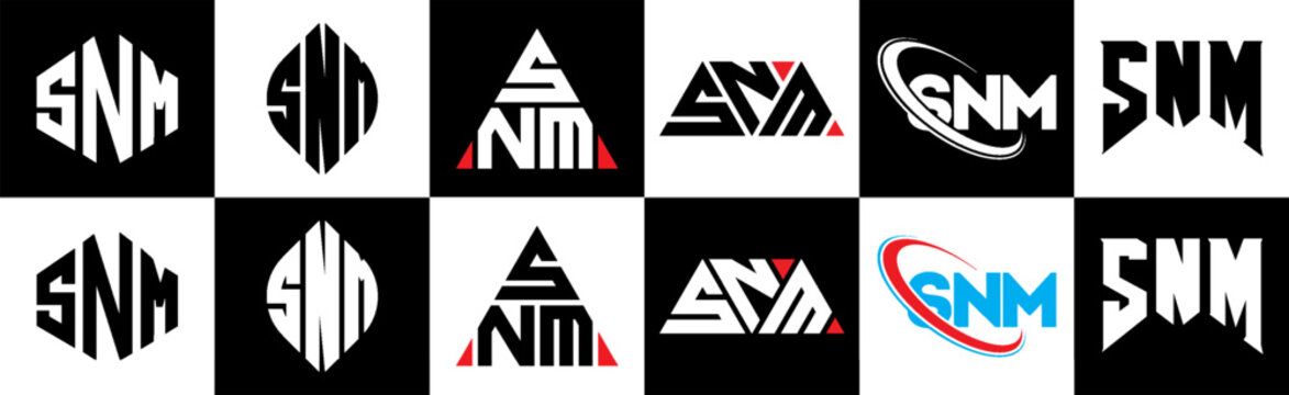 SNM letter logo design in six style. SNM polygon, circle, triangle, hexagon, flat and simple style with black and white color variation letter logo set in one artboard. SNM minimalist and classic logo