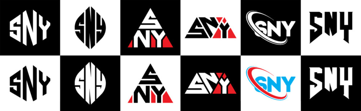 SNY letter logo design in six style. SNY polygon, circle, triangle, hexagon, flat and simple style with black and white color variation letter logo set in one artboard. SNY minimalist and classic logo