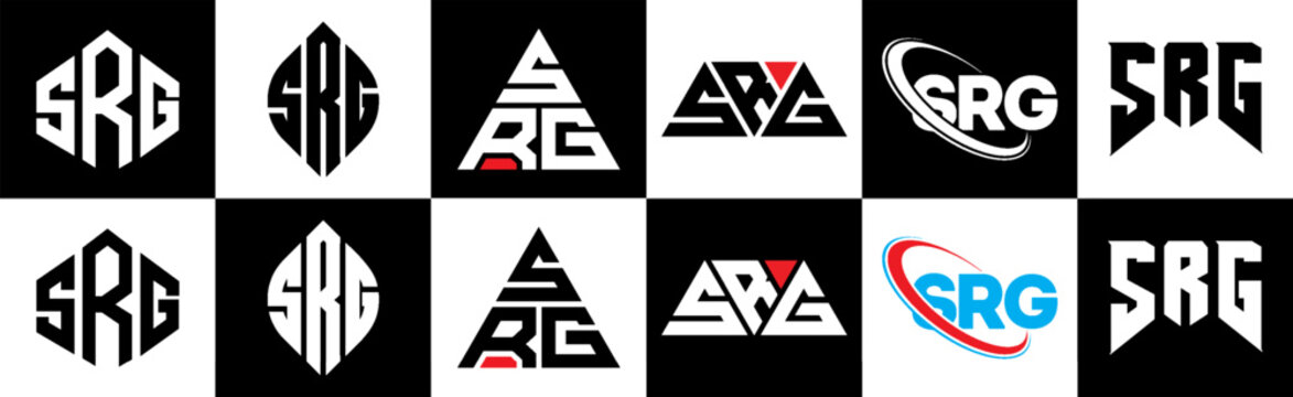 SRG letter logo design in six style. SRG polygon, circle, triangle, hexagon, flat and simple style with black and white color variation letter logo set in one artboard. SRG minimalist and classic logo