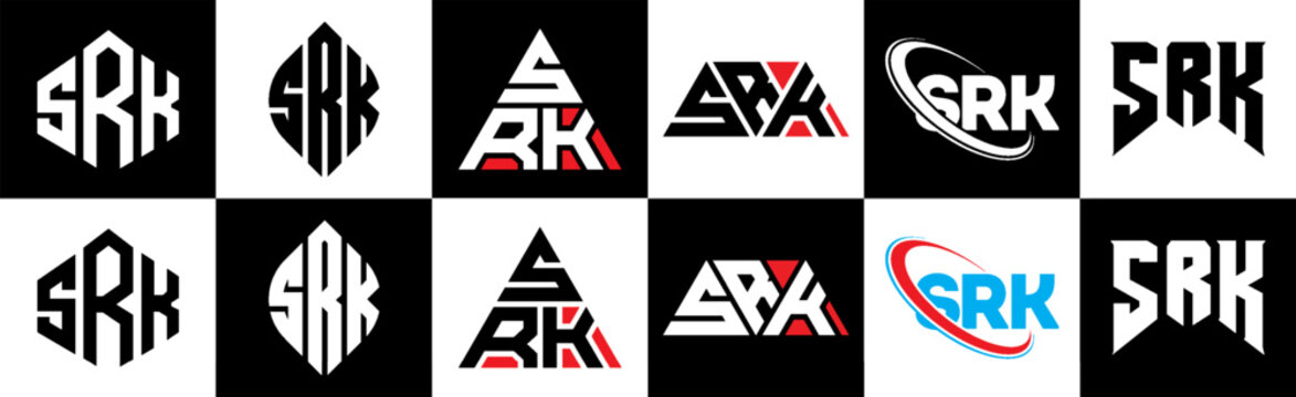 SRK letter logo design in six style. SRK polygon, circle, triangle, hexagon, flat and simple style with black and white color variation letter logo set in one artboard. SRK minimalist and classic logo