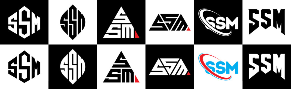 SSM letter logo design in six style. SSM polygon, circle, triangle, hexagon, flat and simple style with black and white color variation letter logo set in one artboard. SSM minimalist and classic logo