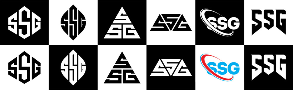 SSG letter logo design in six style. SSG polygon, circle, triangle, hexagon, flat and simple style with black and white color variation letter logo set in one artboard. SSG minimalist and classic logo
