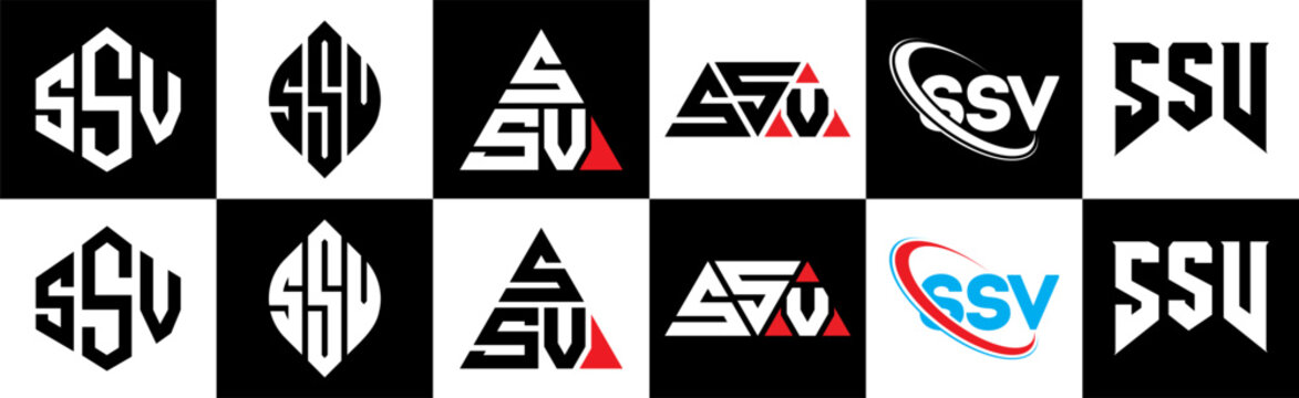 SSV letter logo design in six style. SSV polygon, circle, triangle, hexagon, flat and simple style with black and white color variation letter logo set in one artboard. SSV minimalist and classic logo