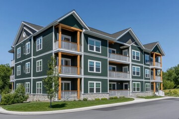 A wide-angle view of an apartment complex in Maine, featuring three stories with dark green and white walls, each floor has two full-size balconies on the front side Generative AI