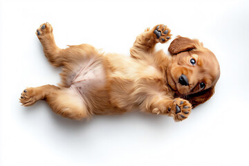 cocker spaniel puppy playing, full-body shot from above, white background,