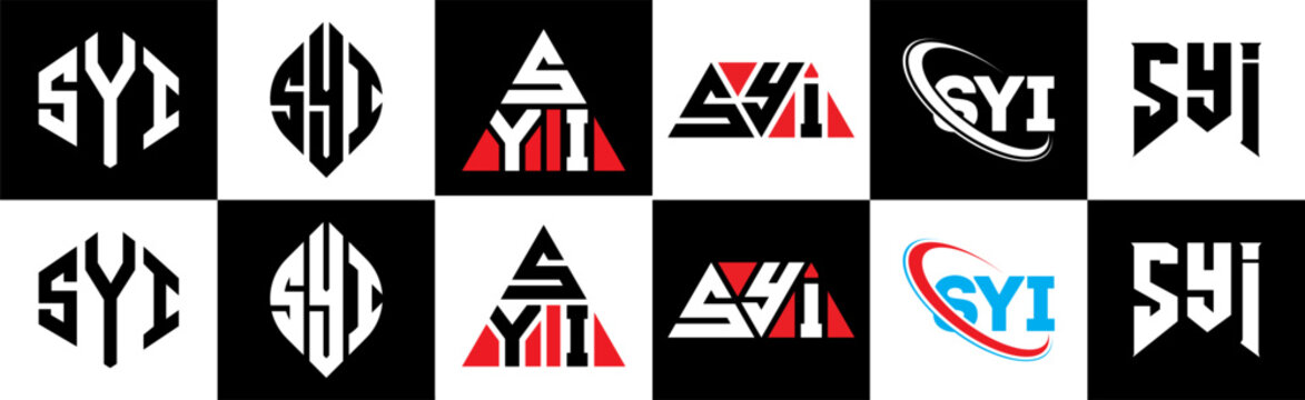 SYI letter logo design in six style. SYI polygon, circle, triangle, hexagon, flat and simple style with black and white color variation letter logo set in one artboard. SYI minimalist and classic logo