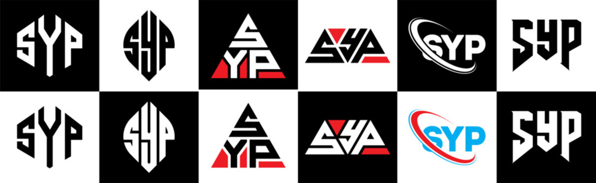 SYP letter logo design in six style. SYP polygon, circle, triangle, hexagon, flat and simple style with black and white color variation letter logo set in one artboard. SYP minimalist and classic logo