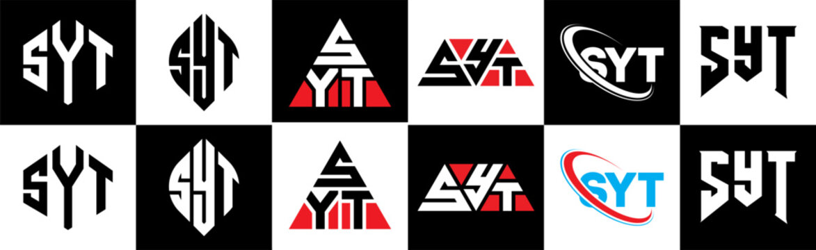 SYT letter logo design in six style. SYT polygon, circle, triangle, hexagon, flat and simple style with black and white color variation letter logo set in one artboard. SYT minimalist and classic logo