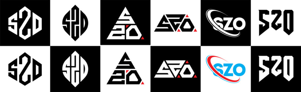SZO letter logo design in six style. SZO polygon, circle, triangle, hexagon, flat and simple style with black and white color variation letter logo set in one artboard. SZO minimalist and classic logo