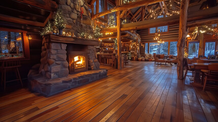 Fototapeta premium Rustic Cabin Interior with Reclaimed Wooden Floors, Stone Fireplace, Earthy Decor, and Cozy Lighting, Perfect for Showcasing Artisanal Products, Home Goods, or Winter-Themed Items