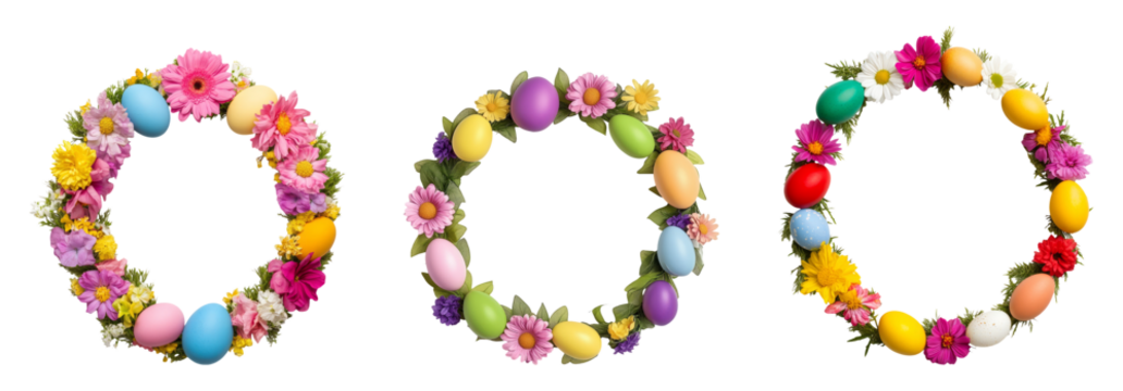 Colorful Easter wreaths with flowers and eggs on transparent background