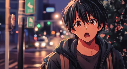 Obraz premium an anime male character with short black hair in a dark hoodie, surprised expression, and brown sparkling eyes, set against a blurred city street background at twilight