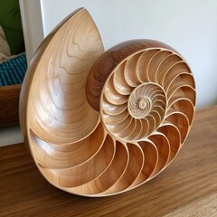 Obraz premium Carved wooden nautilus shell sculpture showcasing spiral design on wooden surface with copy space