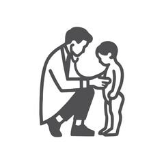 Pediatrician examining toddler with stethoscope, line art vector