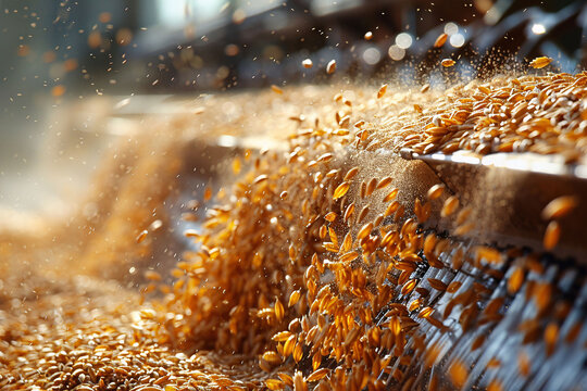 Golden grains cascade from machinery at a grain processing facility. Early morning light illuminates the scene, highlighting the active harvest as grains are sorted efficiently for storage.