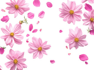 Pink Cosmos Flowers and Petals on Transparent Background, PNG
