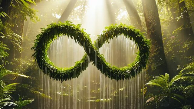 A creative infinity sign made from tropical leaves levitates in the jungle among the streams of a waterfall and sun rays