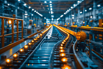 Fototapeta premium The interior of a manufacturing facility is illuminated by numerous lights, highlighting a long stretch of railway tracks. The factory is active, with a focus on the intricate railway infrastructure.