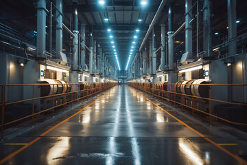 Naklejka premium The vast interior of a modern industrial warehouse features polished floors and bright overhead lights. Rows of machinery line the sides, creating a symmetrical and efficient layout.