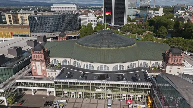 Aerial Drone View of Festhalle Messe Frankfurt, Germany, Iconic Event Venue and Modern Cityscape .