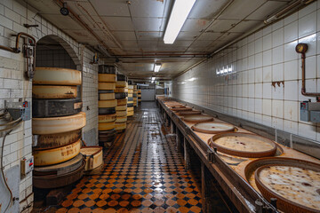 Fototapeta premium The spacious cellar features a long, tiled corridor lined with wooden racks holding large cheese wheels, indicating a traditional cheese-making process