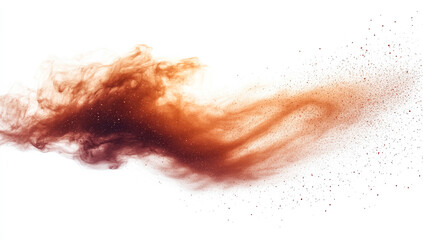 Fototapeta premium Colorful cloud of dust in motion. A swirl of orange and brown dust particles gracefully disperses against a white background, creating a dynamic effect.