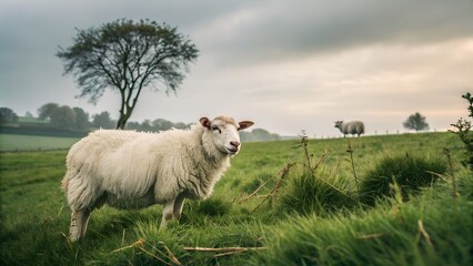 Obraz premium White Sheep Grazing in a Green Field 