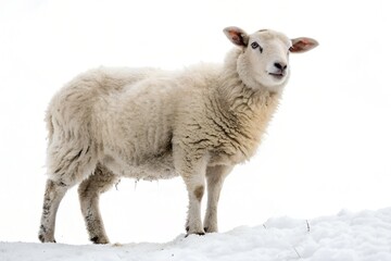Fototapeta premium White Sheep Standing in Snow on a Winter Day
