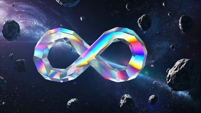 Abstract glass infinity sign is in outer space among meteorites