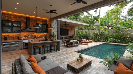 Obraz premium Modern outdoor kitchen with pool, tropical garden