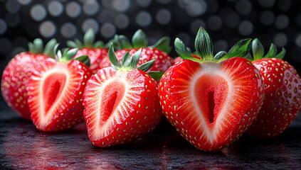 Fresh strawberries on dark bg. Bright red strawberries are sliced in half, showcasing their juicy interior against a blurred dark backdrop.