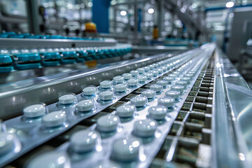 Obraz premium Tablets are carefully arranged on a conveyor belt during the pharmaceutical manufacturing process. The factory setting demonstrates advanced technology and efficiency in production.