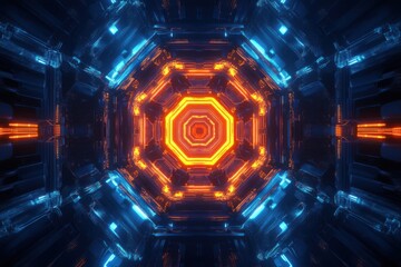 Abstract futuristic background with hexagonal patterns and glowing lights on a dark blue and orange color scheme