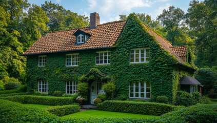 Charming ivy-covered home in a garden. A beautiful green house adorned with ivy, nestled among lush trees and well-maintained gardens on a sunny day.