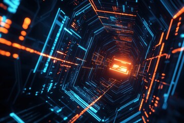 Abstract futuristic background with hexagonal patterns and glowing lights on a dark blue and orange color scheme