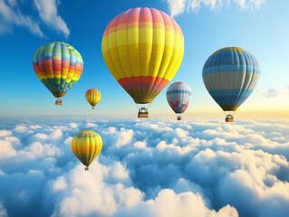 Fototapeta premium Colorful hot air balloons soaring above the clouds during a bright morning sky
