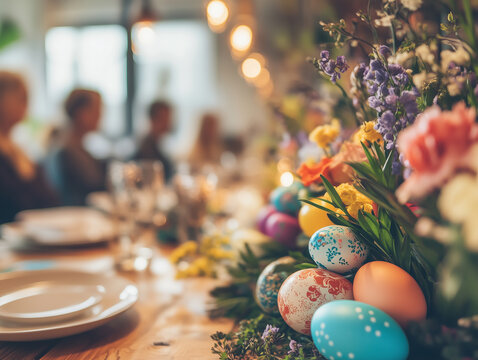 Colorful Easter table setting adorned with vibrant eggs and fresh flowers for a festive gathering in springtime