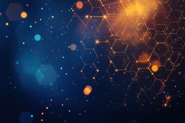 Abstract futuristic background with hexagonal patterns and glowing lights on a dark blue and orange color scheme